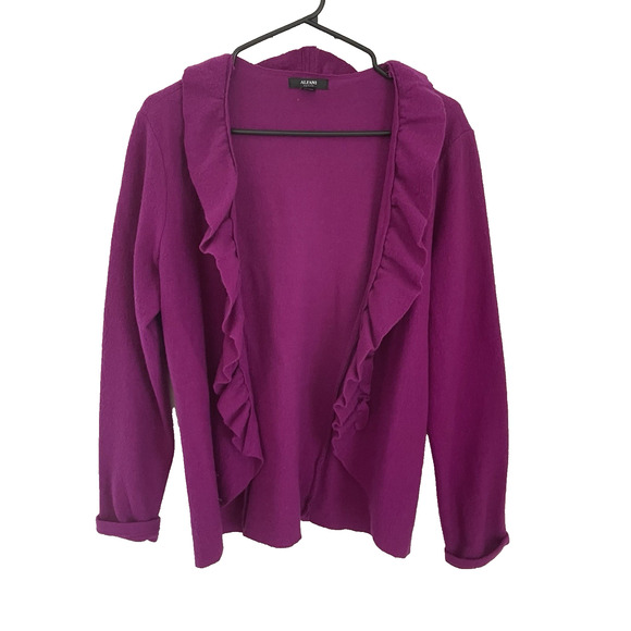 Alfani Sweaters - Merino Wool Ruffle Front Cardigan Purple Open Front Sweater Long Sleeve Feminine